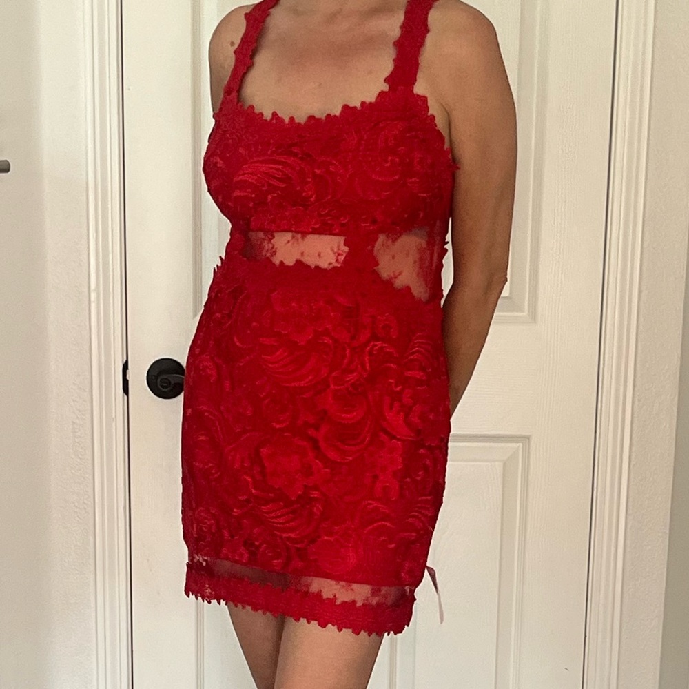 VENUS Red Floral Lace Mini Dress